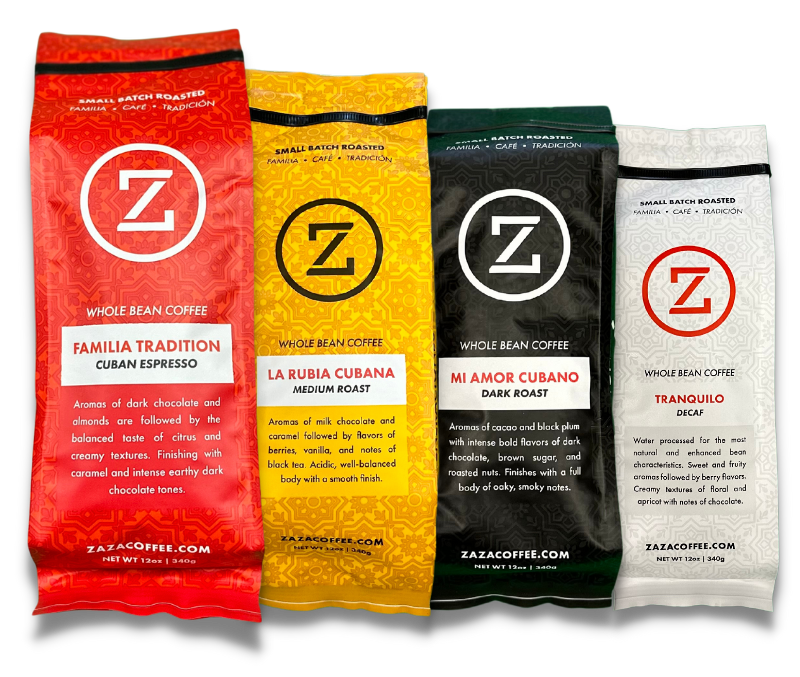 Zaza Coffee, Cuban Espresso, Medium Roast, Dark Roast, and Decaf. 